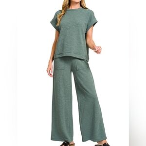 Zenana Cotton Slub Short Sleeve Tee and Pants Set